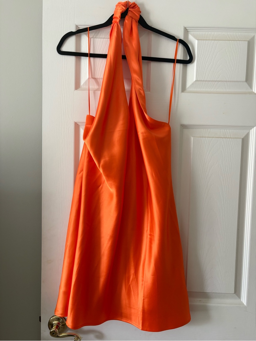 Twist-Halter Satin Mini Dress in Vibrant Orange